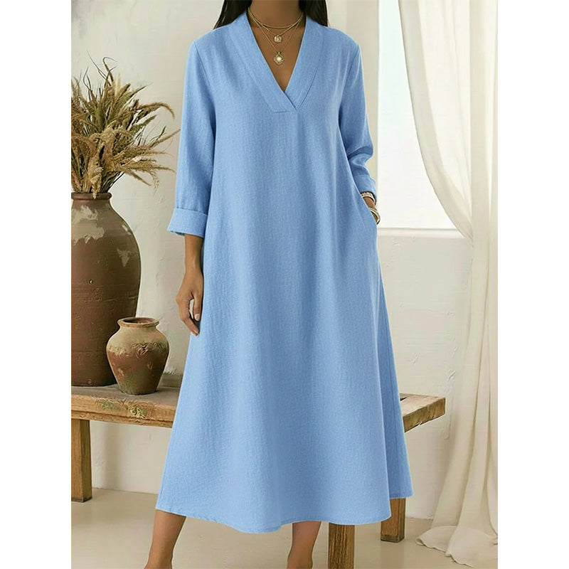 🔥New Arrivals Now on Sale-Women’s V-Neck Cotton Linen A Line Dress