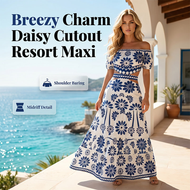 🌺 LIMITED-TIME 50% OFF! 💥 Women's Off-Shoulder Waist Cutout Daisy Printed Resort Dress – Flowy, Breezy, Tropical Chic ✨