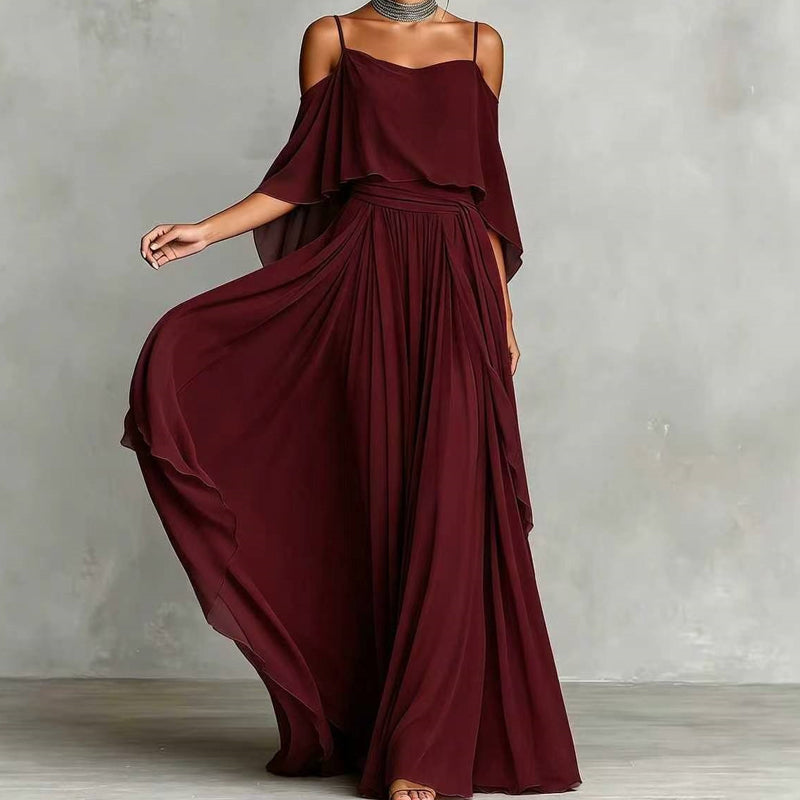 👗 LIMITED-TIME 50% OFF! 💥 Women's Elegant Cold Shoulder Flowy Maxi Dress – Off-Shoulder, Cinched Waist, Spaghetti Straps ✨