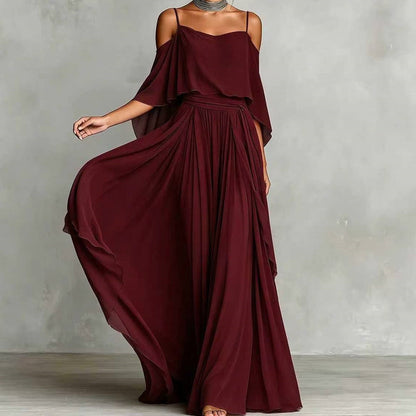 👗 LIMITED-TIME 50% OFF! 💥 Women's Elegant Cold Shoulder Flowy Maxi Dress – Off-Shoulder, Cinched Waist, Spaghetti Straps ✨