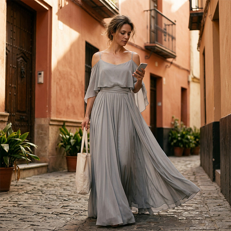👗 LIMITED-TIME 50% OFF! 💥 Women's Elegant Cold Shoulder Flowy Maxi Dress – Off-Shoulder, Cinched Waist, Spaghetti Straps ✨