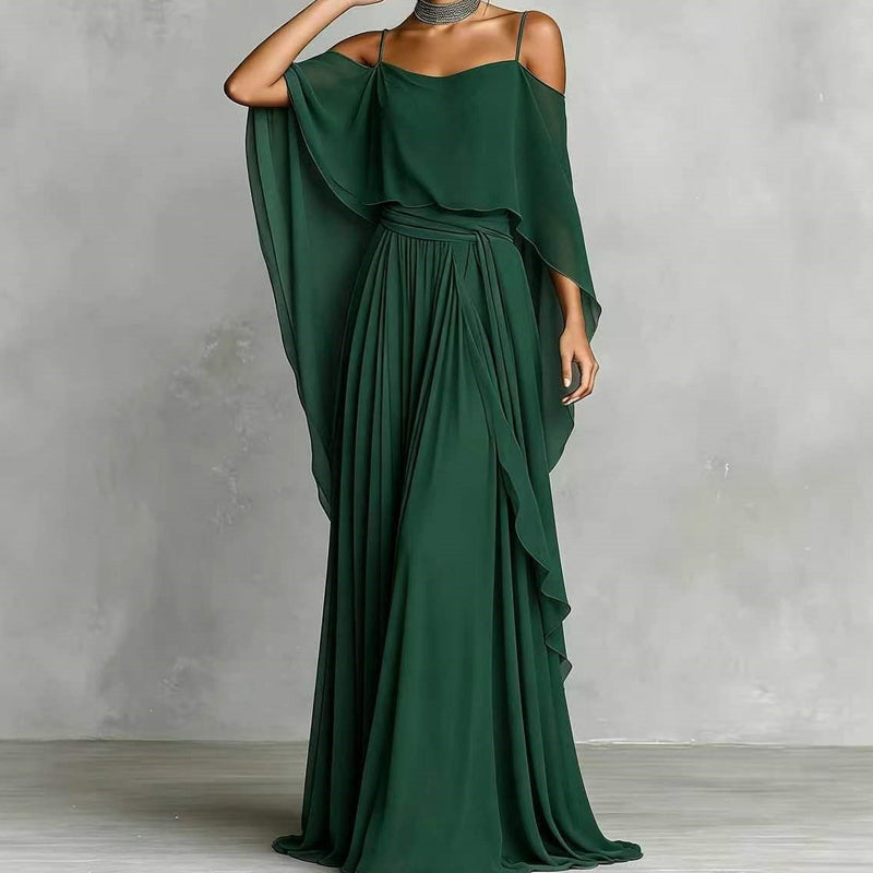 👗 LIMITED-TIME 50% OFF! 💥 Women's Elegant Cold Shoulder Flowy Maxi Dress – Off-Shoulder, Cinched Waist, Spaghetti Straps ✨