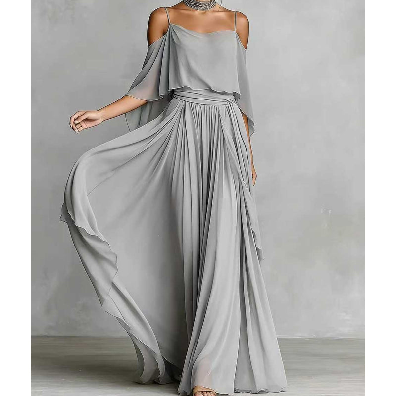 👗 LIMITED-TIME 50% OFF! 💥 Women's Elegant Cold Shoulder Flowy Maxi Dress – Off-Shoulder, Cinched Waist, Spaghetti Straps ✨