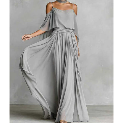 👗 LIMITED-TIME 50% OFF! 💥 Women's Elegant Cold Shoulder Flowy Maxi Dress – Off-Shoulder, Cinched Waist, Spaghetti Straps ✨