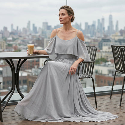 👗 LIMITED-TIME 50% OFF! 💥 Women's Elegant Cold Shoulder Flowy Maxi Dress – Off-Shoulder, Cinched Waist, Spaghetti Straps ✨