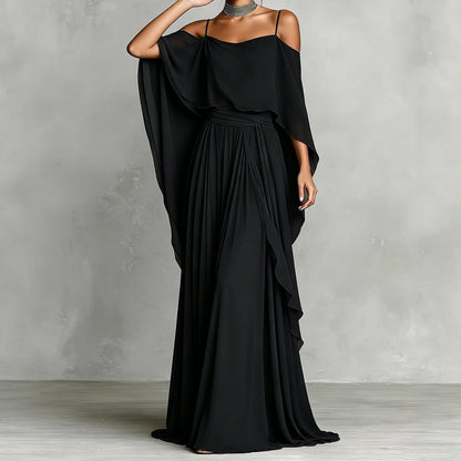 👗 LIMITED-TIME 50% OFF! 💥 Women's Elegant Cold Shoulder Flowy Maxi Dress – Off-Shoulder, Cinched Waist, Spaghetti Straps ✨
