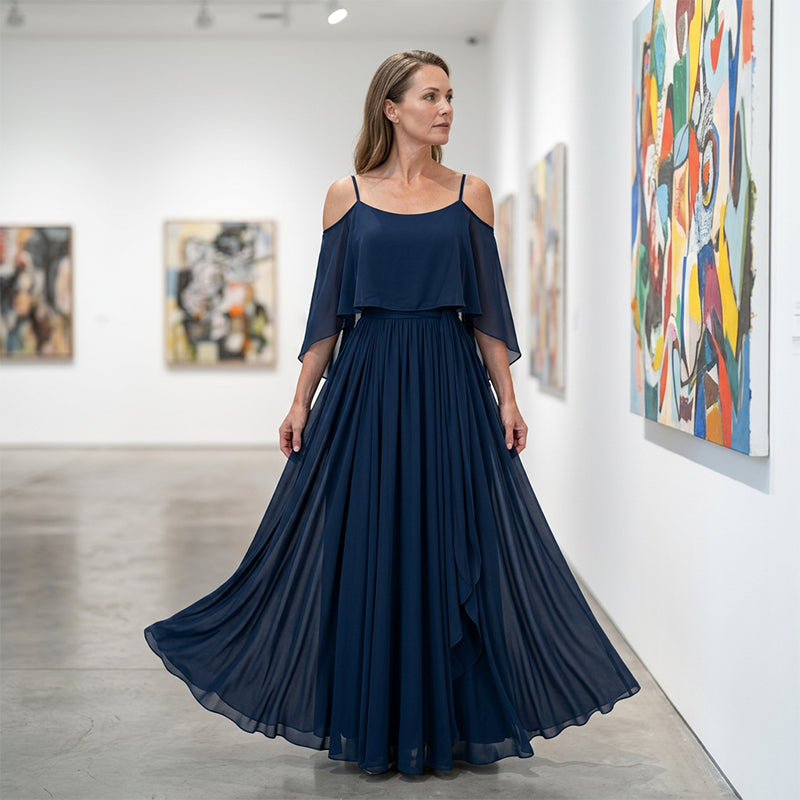 👗 LIMITED-TIME 50% OFF! 💥 Women's Elegant Cold Shoulder Flowy Maxi Dress – Off-Shoulder, Cinched Waist, Spaghetti Straps ✨