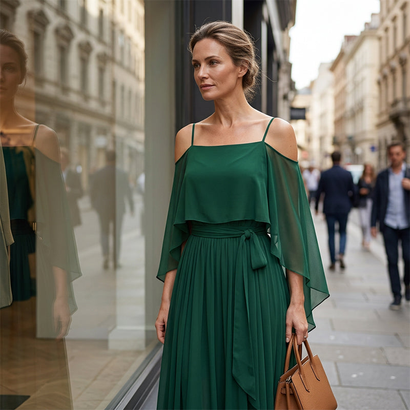 👗 LIMITED-TIME 50% OFF! 💥 Women's Elegant Cold Shoulder Flowy Maxi Dress – Off-Shoulder, Cinched Waist, Spaghetti Straps ✨