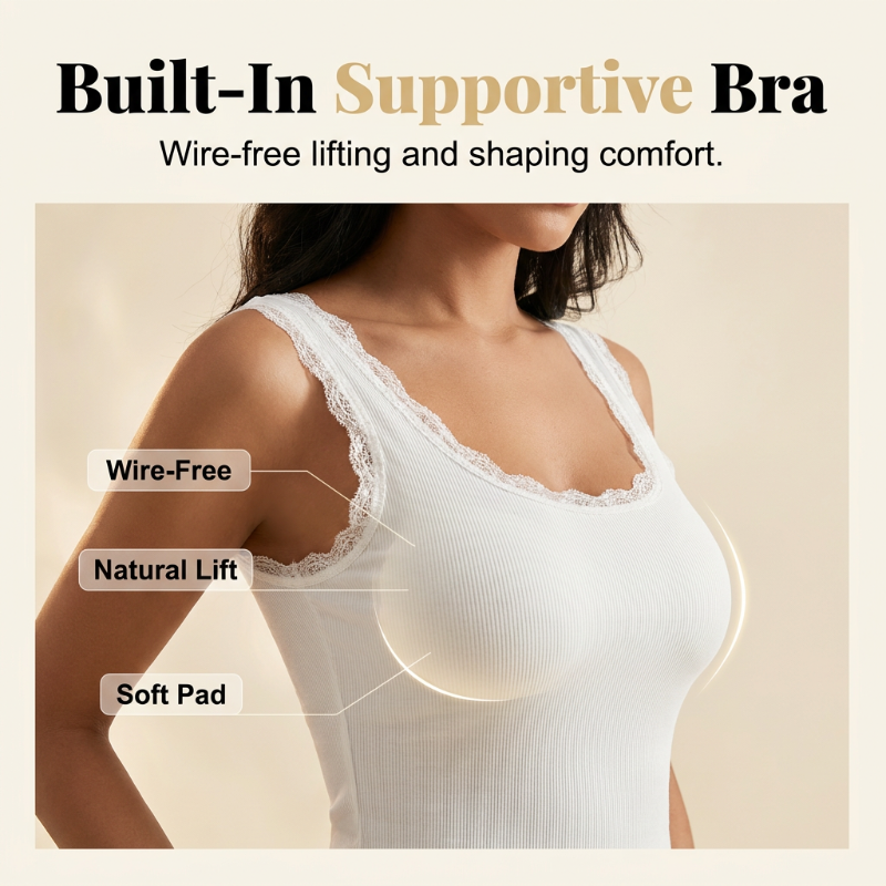 🔥Women's Slim Fit Sleeveless Top Ribbed Cami with Built-in Cups and Lace