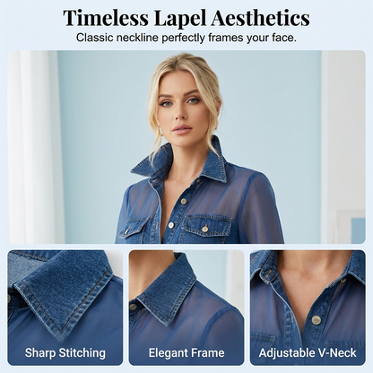 👕Women's Mesh Patchwork Denim Top– Elegant Tailored Waist Chic Top✨