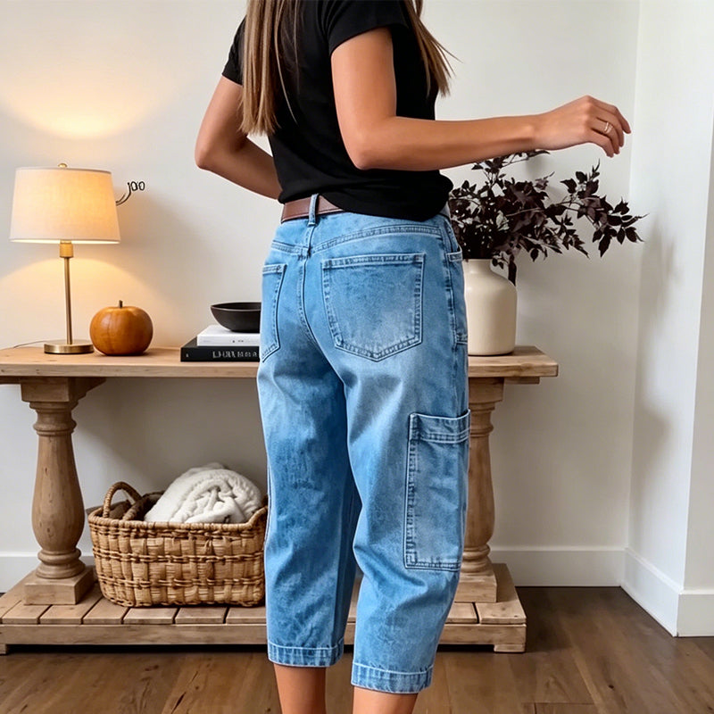 👖 50% OFF | Women's Casual Stretchy Cropped Denim Pants – Relaxed Barrel Fit, Mid-Waist & Multi-Pocket Design, Sizes S–3XL ✨🛒