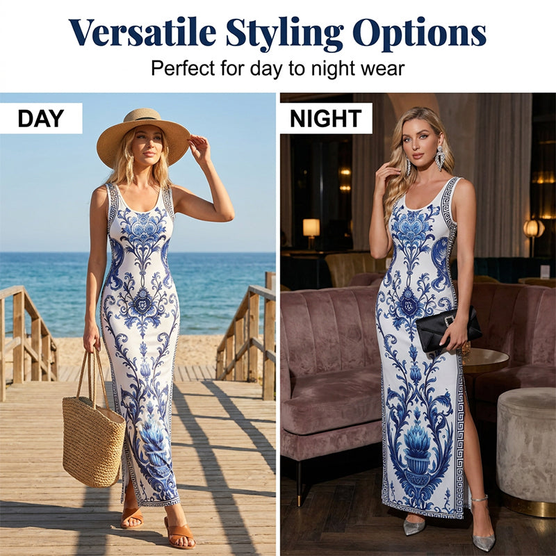 👗 LIMITED-TIME 50% OFF! ✨ Women's Classic Floral Print Maxi Dress – Bodycon, Side Slit, Porcelain Pattern 💙