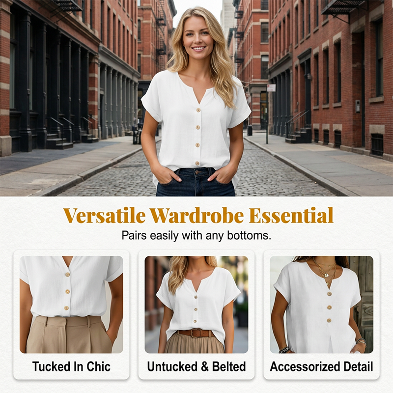 🔥Limited-Time Offer-Women's V-Neck Button Casual T-Shirt