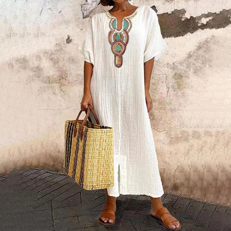 Summer Favorite☀️✨ Embroidered Maxi Dress with Front Slit – Must-Have for Resort & Relaxation