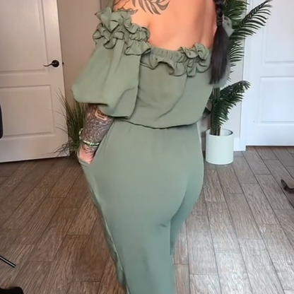 ✨💐Off-Shoulder Frill Design Jumpsuit Elegant Ruffle Wide Leg Jumpsuit Date Night Club Daily Wear