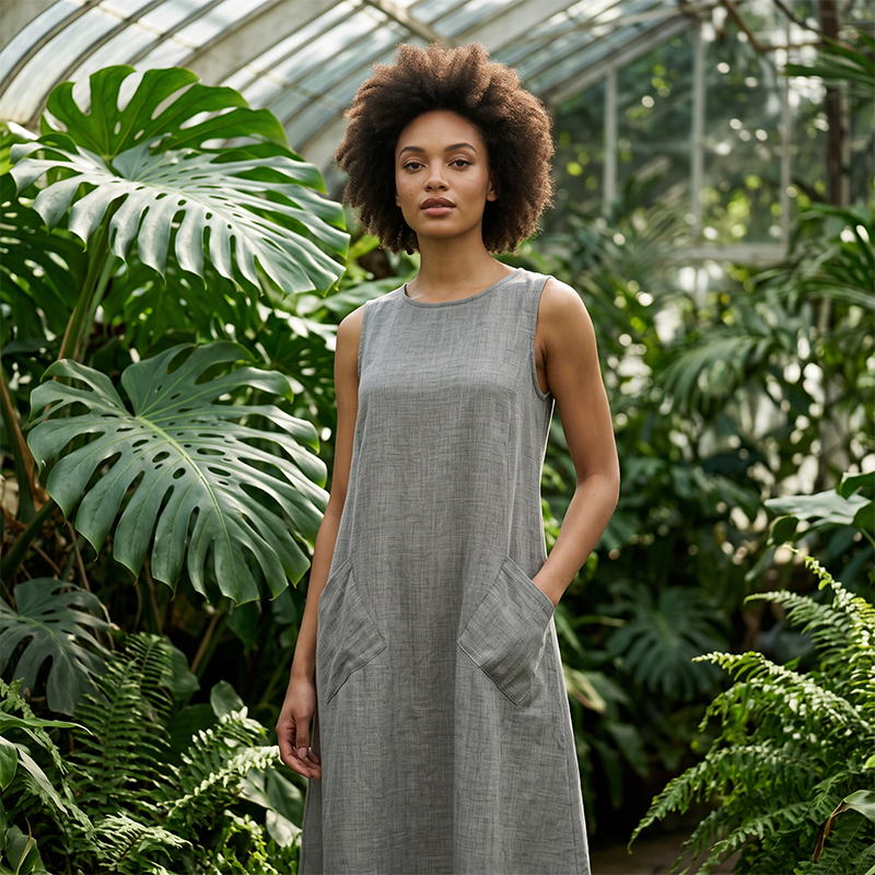 🌿Women's Sleeveless Round Neck Casual Dress Loose Fit Linen-Look Maxi Dress with Pockets
