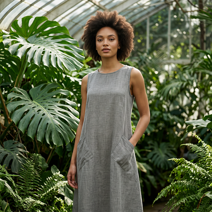 🌿Women's Sleeveless Round Neck Casual Dress Loose Fit Linen-Look Maxi Dress with Pockets