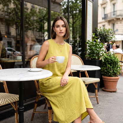 🌿Women's Sleeveless Round Neck Casual Dress Loose Fit Linen-Look Maxi Dress with Pockets
