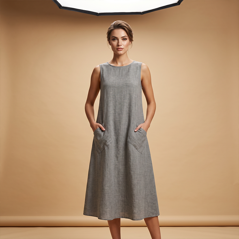 🌿Women's Sleeveless Round Neck Casual Dress Loose Fit Linen-Look Maxi Dress with Pockets