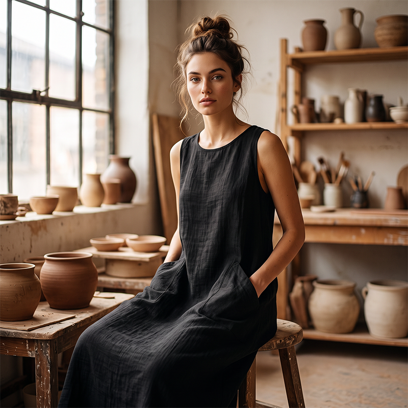 🌿Women's Sleeveless Round Neck Casual Dress Loose Fit Linen-Look Maxi Dress with Pockets