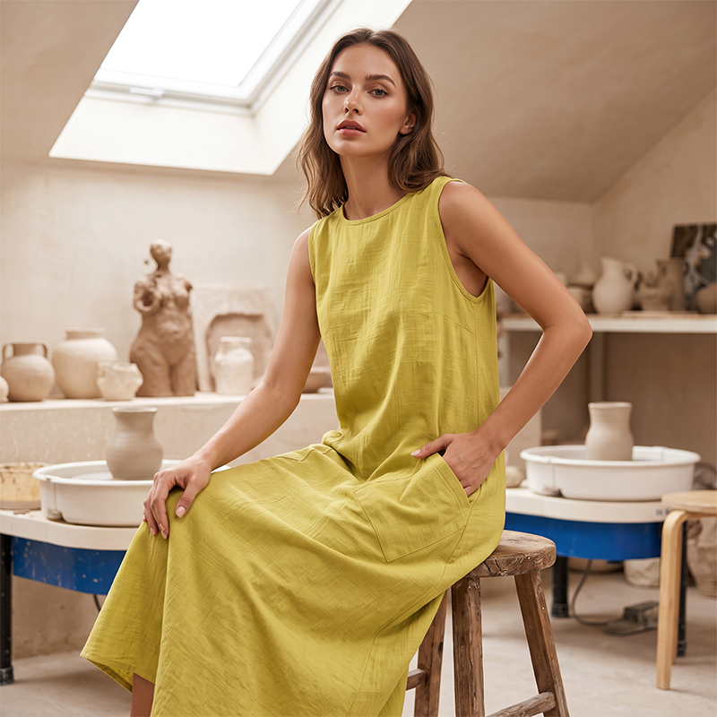 🌿Women's Sleeveless Round Neck Casual Dress Loose Fit Linen-Look Maxi Dress with Pockets