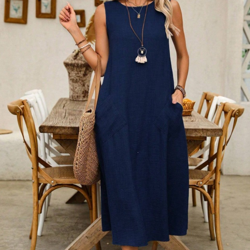 🌿Women's Sleeveless Round Neck Casual Dress Loose Fit Linen-Look Maxi Dress with Pockets