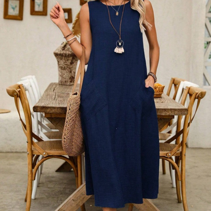 🌿Women's Sleeveless Round Neck Casual Dress Loose Fit Linen-Look Maxi Dress with Pockets