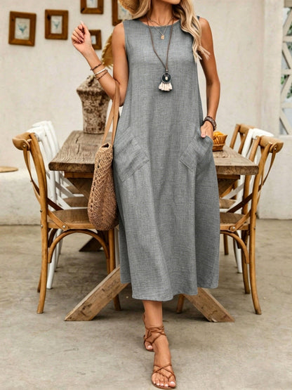 🌿Women's Sleeveless Round Neck Casual Dress Loose Fit Linen-Look Maxi Dress with Pockets