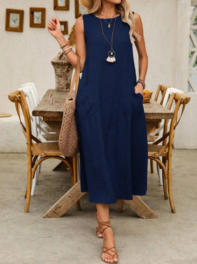 🌿Women's Sleeveless Round Neck Casual Dress Loose Fit Linen-Look Maxi Dress with Pockets