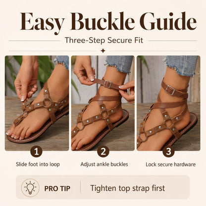 ❄️👡Women Flat Strappy Sandals Gladiator Rivet Ankle Strap Toe Loop Beach Shoes