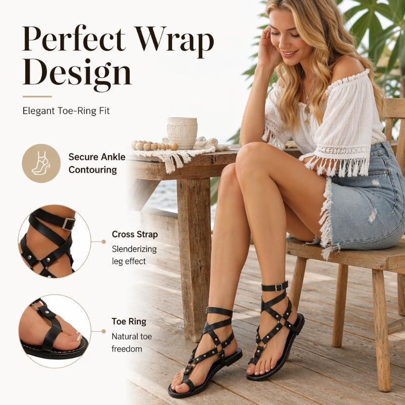 ❄️👡Women Flat Strappy Sandals Gladiator Rivet Ankle Strap Toe Loop Beach Shoes