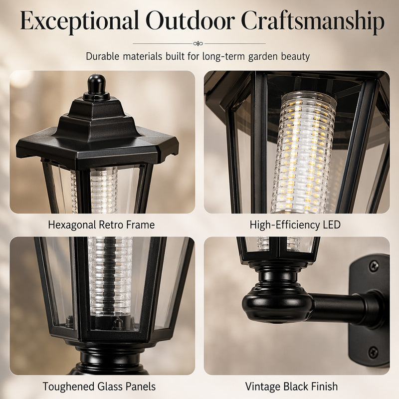 Retro Solar Garden Lights Outdoor Double Head Hexagonal Street Lamp