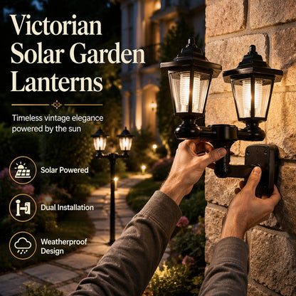Retro Solar Garden Lights Outdoor Double Head Hexagonal Street Lamp