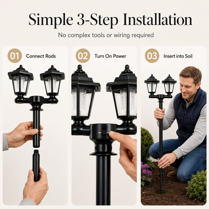 Retro Solar Garden Lights Outdoor Double Head Hexagonal Street Lamp