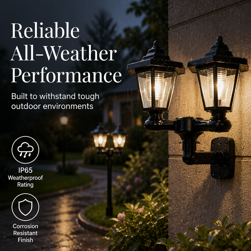 Retro Solar Garden Lights Outdoor Double Head Hexagonal Street Lamp