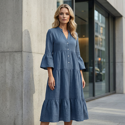 Solid Color Textured Fabric A-Line Midi Dress