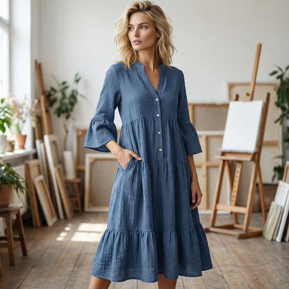 Solid Color Textured Fabric A-Line Midi Dress