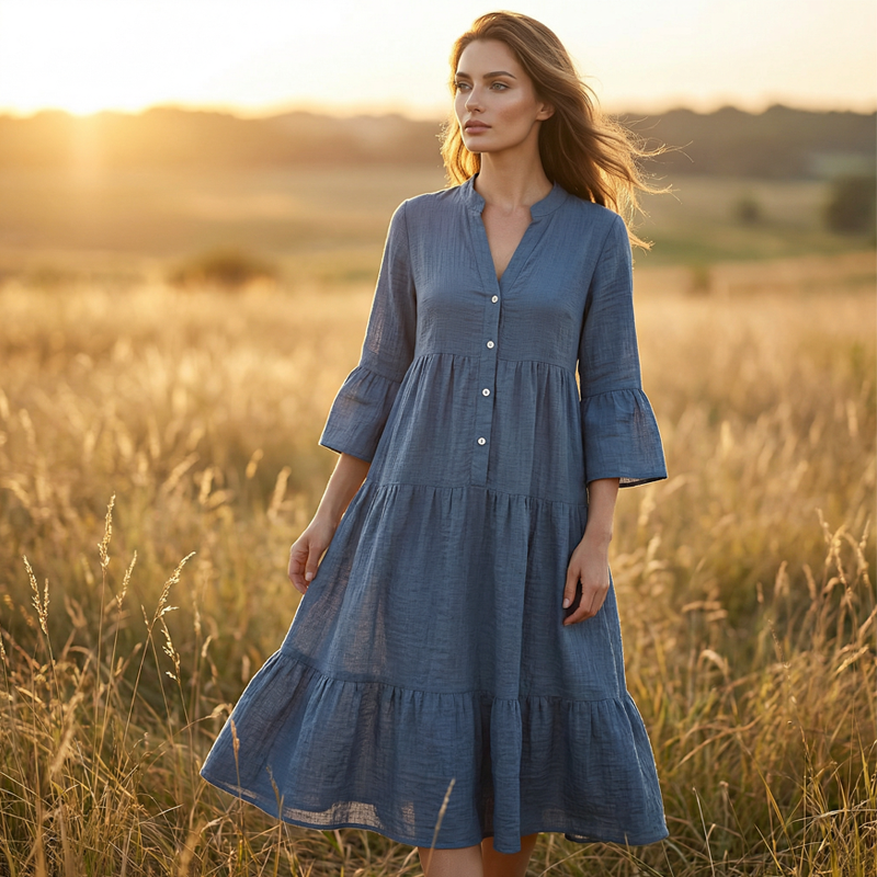 Solid Color Textured Fabric A-Line Midi Dress