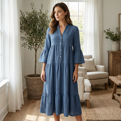Solid Color Textured Fabric A-Line Midi Dress