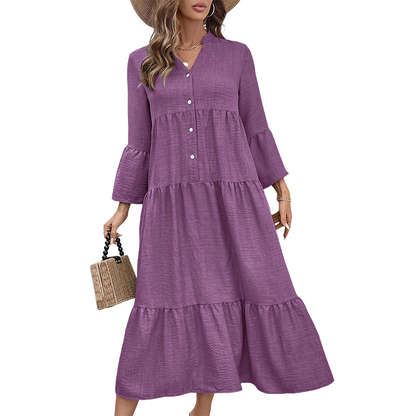 Solid Color Textured Fabric A-Line Midi Dress
