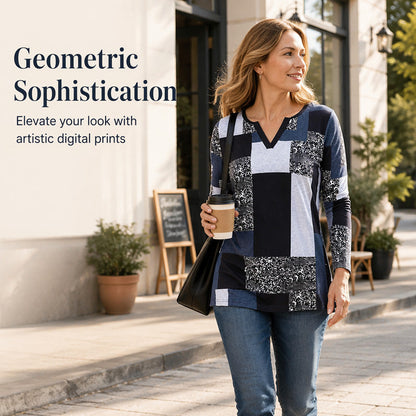 New Arrival✨Lightweight Geometric Print Top with V-Neck – Must-Have for Versatile Everyday Looks