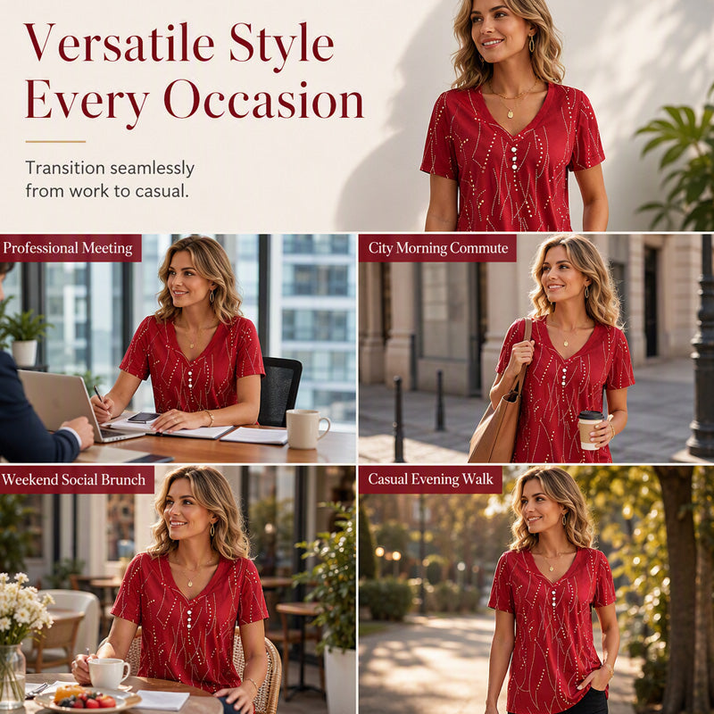 Women's Elegant Printed V-Neck Top