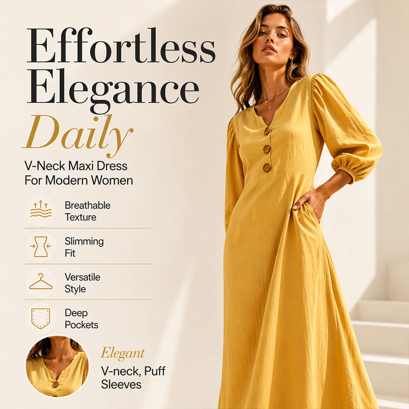 👗 Casual V-Neck Maxi Dress with Puff Sleeves – Flowing Silhouette for Effortless Style