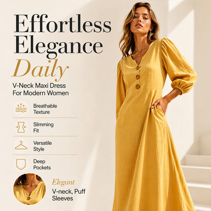 👗 Casual V-Neck Maxi Dress with Puff Sleeves – Flowing Silhouette for Effortless Style