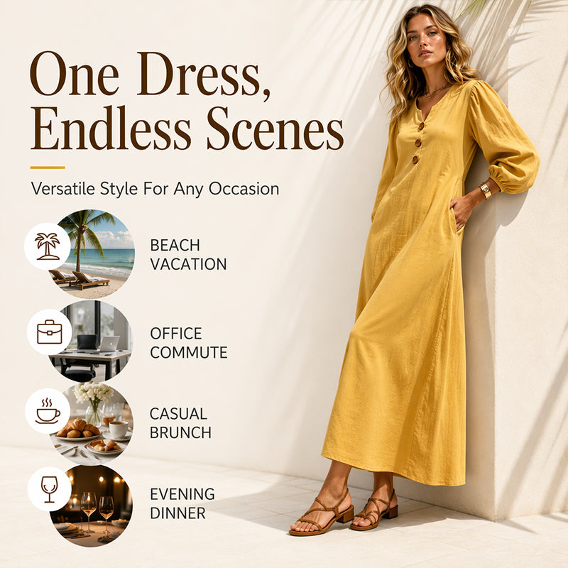 👗 Casual V-Neck Maxi Dress with Puff Sleeves – Flowing Silhouette for Effortless Style