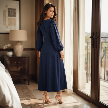 👗 Casual V-Neck Maxi Dress with Puff Sleeves – Flowing Silhouette for Effortless Style