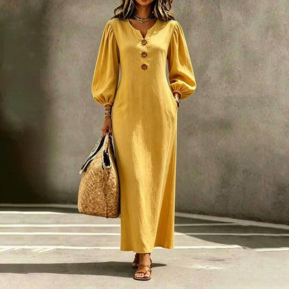 👗 Casual V-Neck Maxi Dress with Puff Sleeves – Flowing Silhouette for Effortless Style