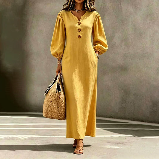 👗 Casual V-Neck Maxi Dress with Puff Sleeves – Flowing Silhouette for Effortless Style