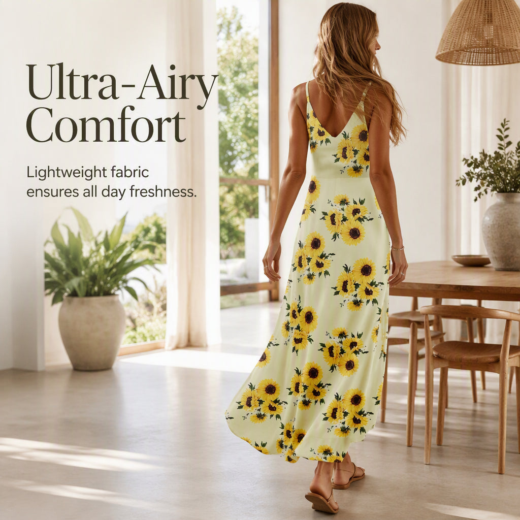 Bestseller🏆👗 Printed Strap Maxi Dress – Elegant V-Neck & Airy Fit for Garden Parties or City Strolls