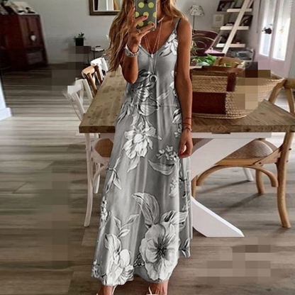 Bestseller🏆👗 Printed Strap Maxi Dress – Elegant V-Neck & Airy Fit for Garden Parties or City Strolls
